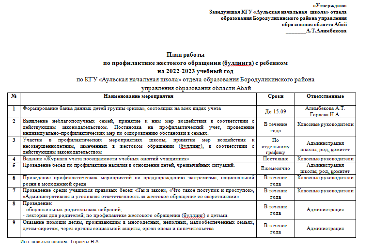 ПЛАН мероприятий по профилактике жестокого обращения (буллинга) с детьми